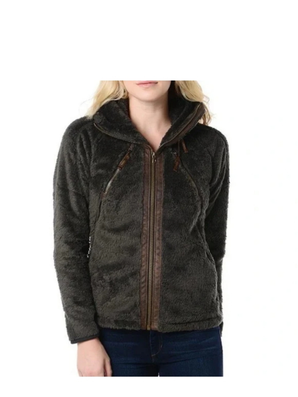 Kuhl Plush Teddy Jacket in Dark Gray with Brown Trim
